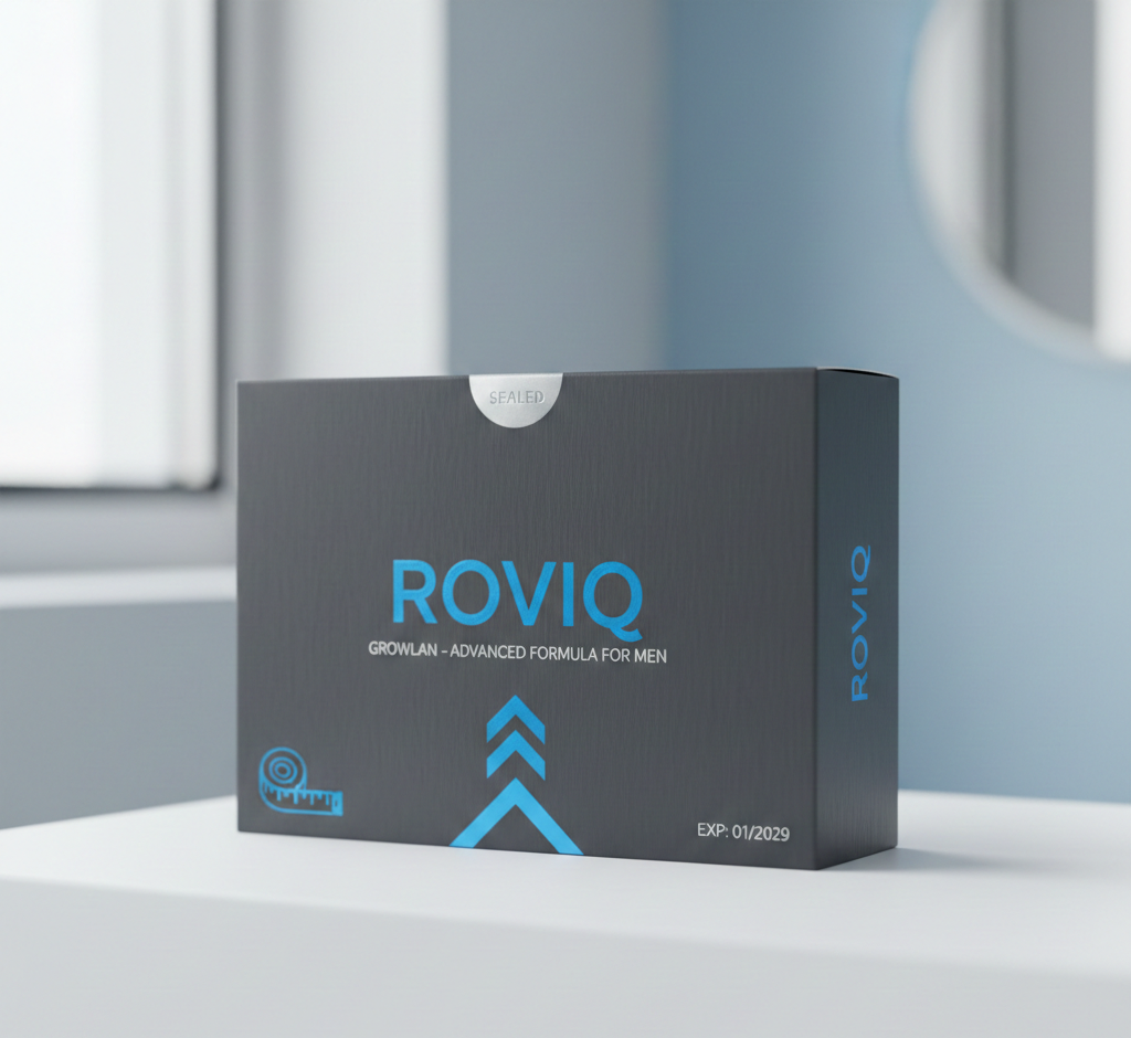 Természetes Growlan tabletta termék elegáns fekete csomagolásban, zöld és arany dizájn elemekkel, prémium megjelenés, professzionális termékfotó fehér háttérrel